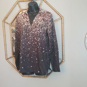 Women's Retro Vneck Long Sleeve  Confetti Chocolate Starry Night Top NWOT Sz. M